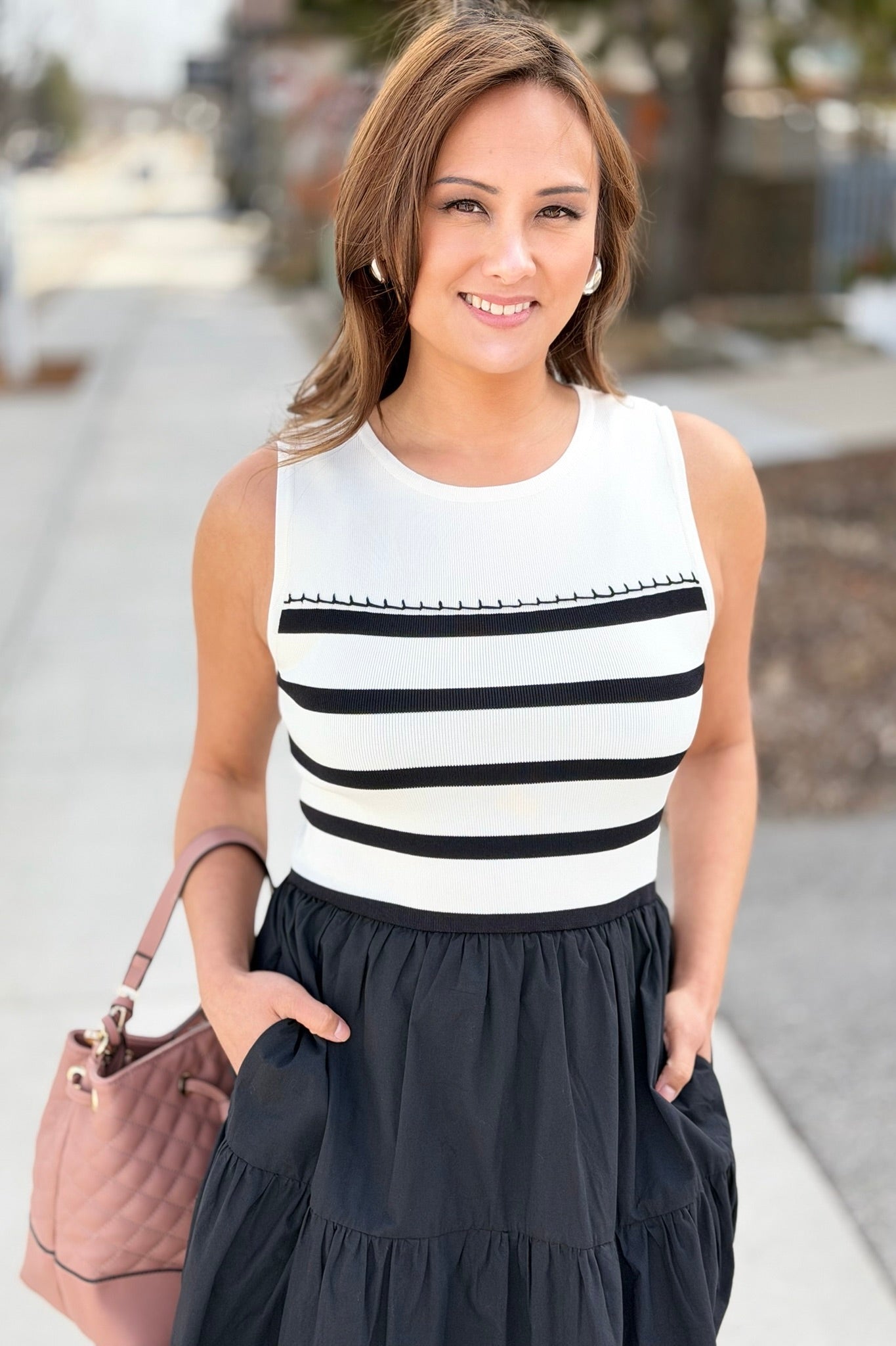 Mixed Media Striped Midi Dress - Black