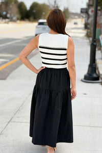 Mixed Media Striped Midi Dress - Black