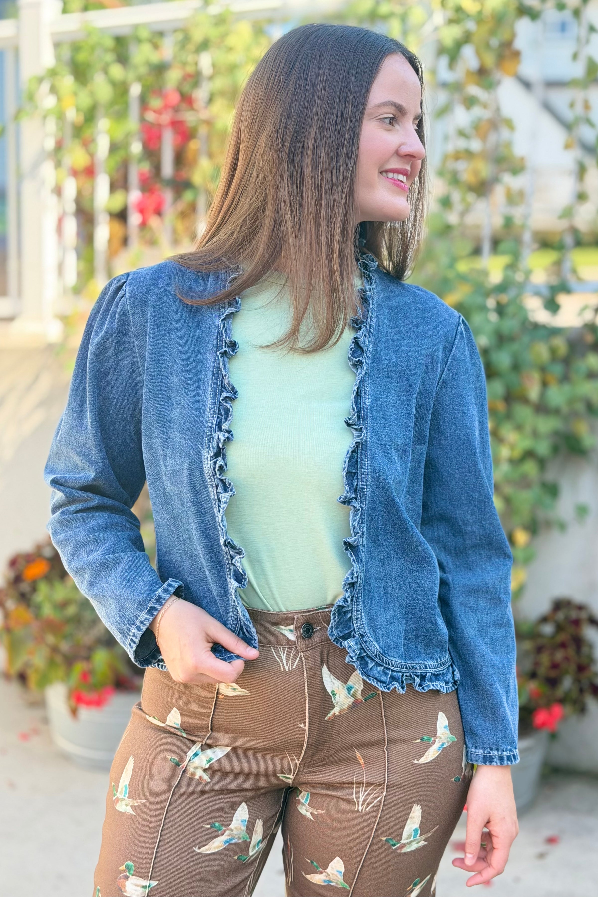 Open Ruffle Denim Jacket