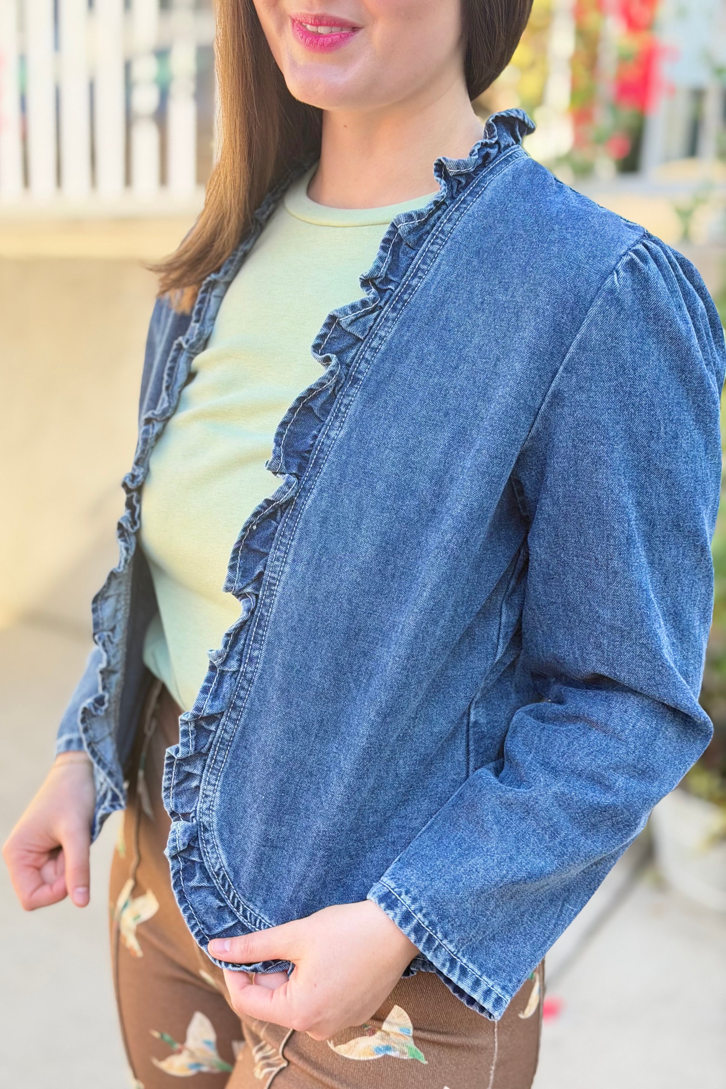 Open Ruffle Denim Jacket