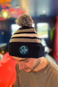 Sip Striped Pom Beanie - Navy