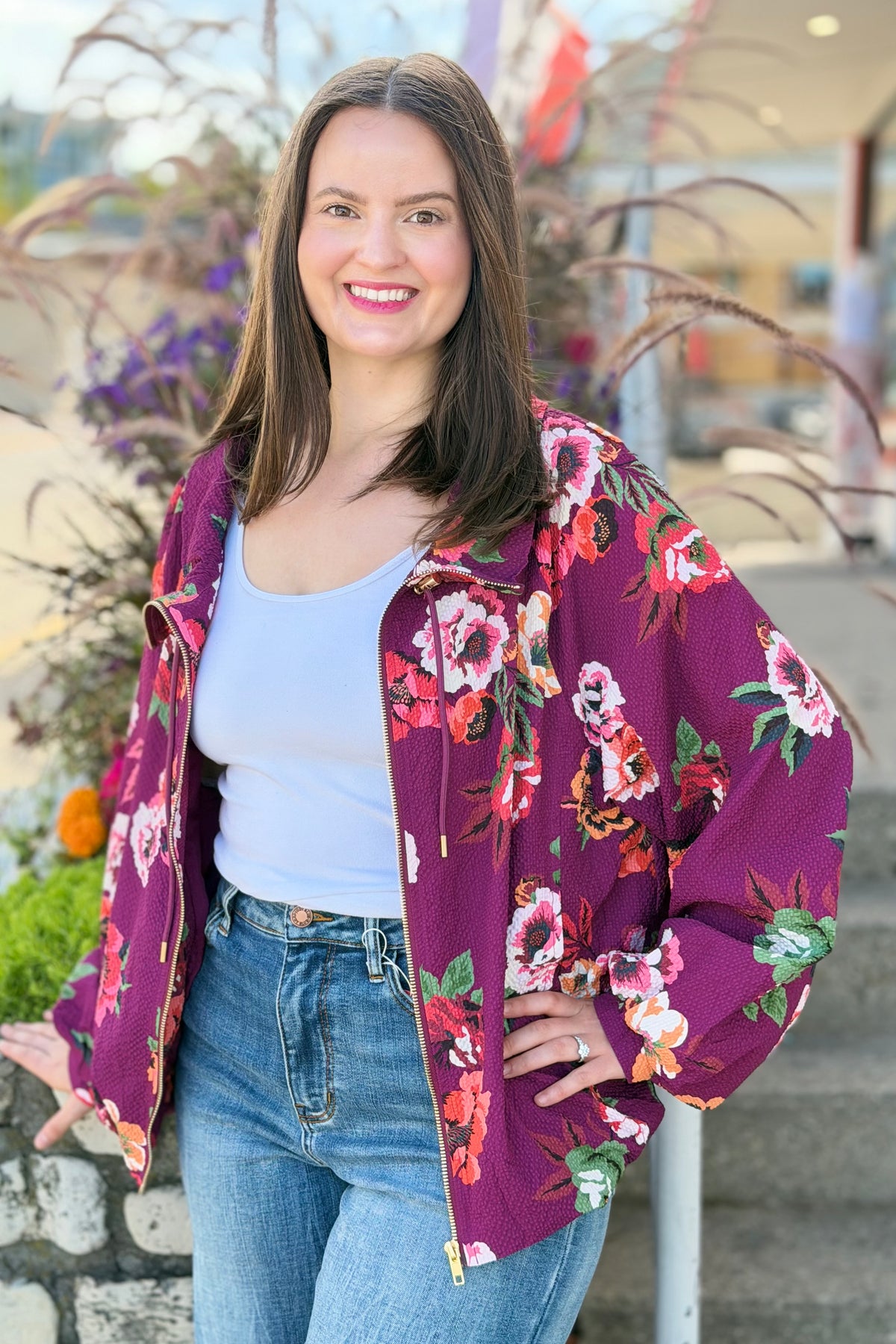 Floral Drawstring Jacket - Plum