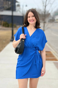 Dolman Sleeve Dress With Side Tie - Blue