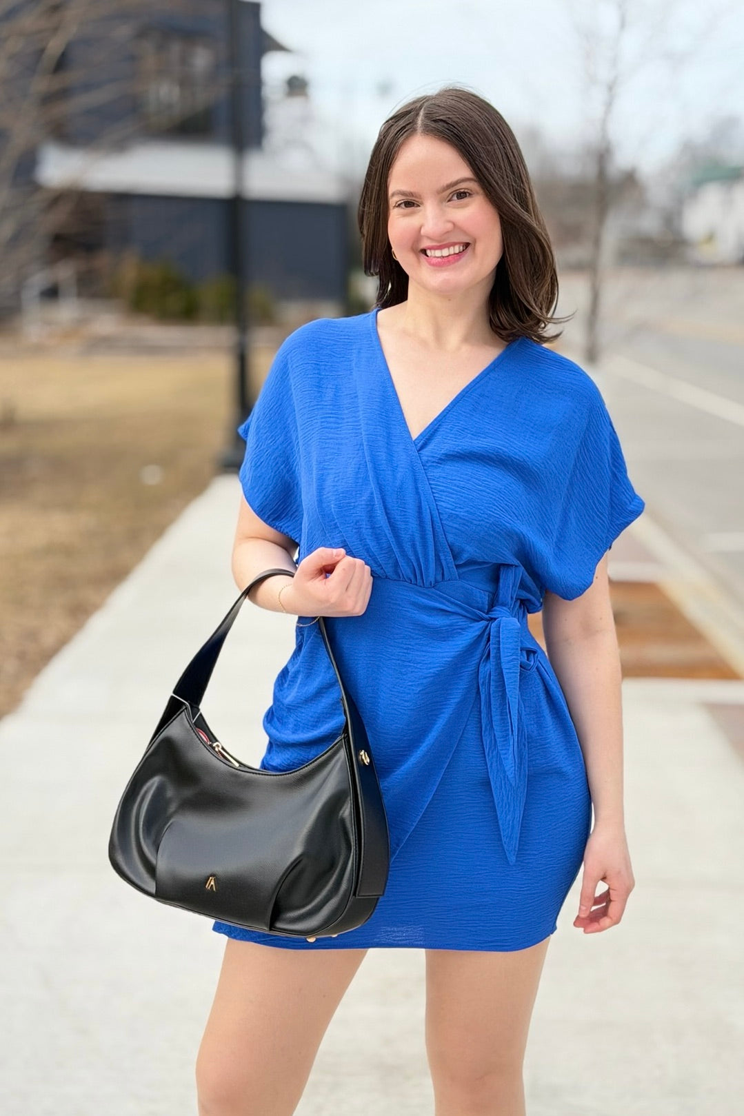 Dolman Sleeve Dress With Side Tie - Blue