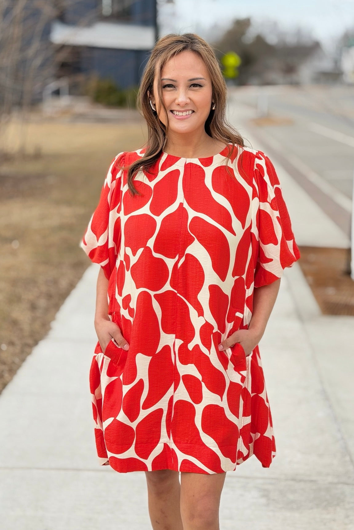 Puff Sleeve Red Flower Dress