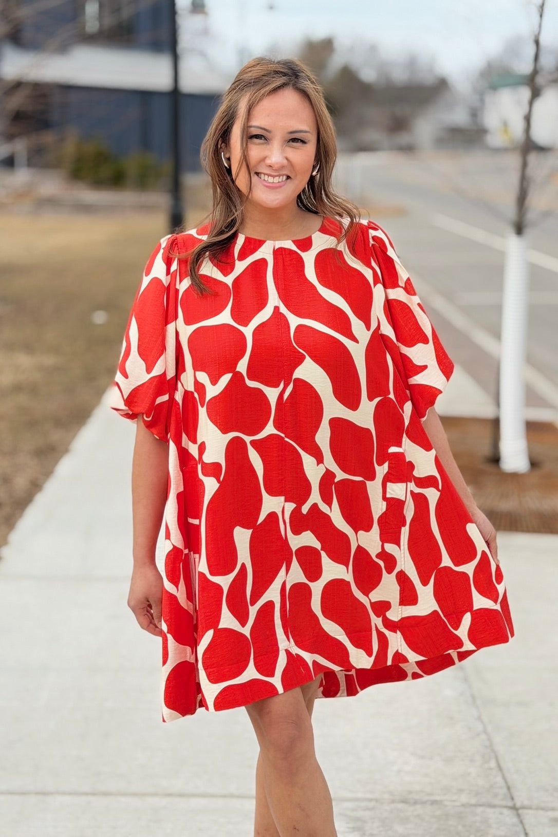 Puff Sleeve Red Flower Dress