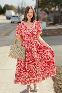 Border Print Midi Dress - Red