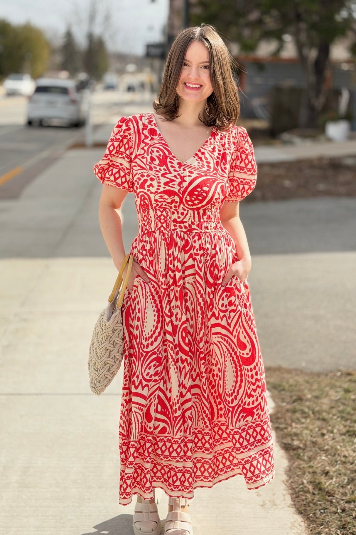 Border Print Midi Dress - Red