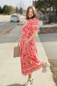 Border Print Midi Dress - Red