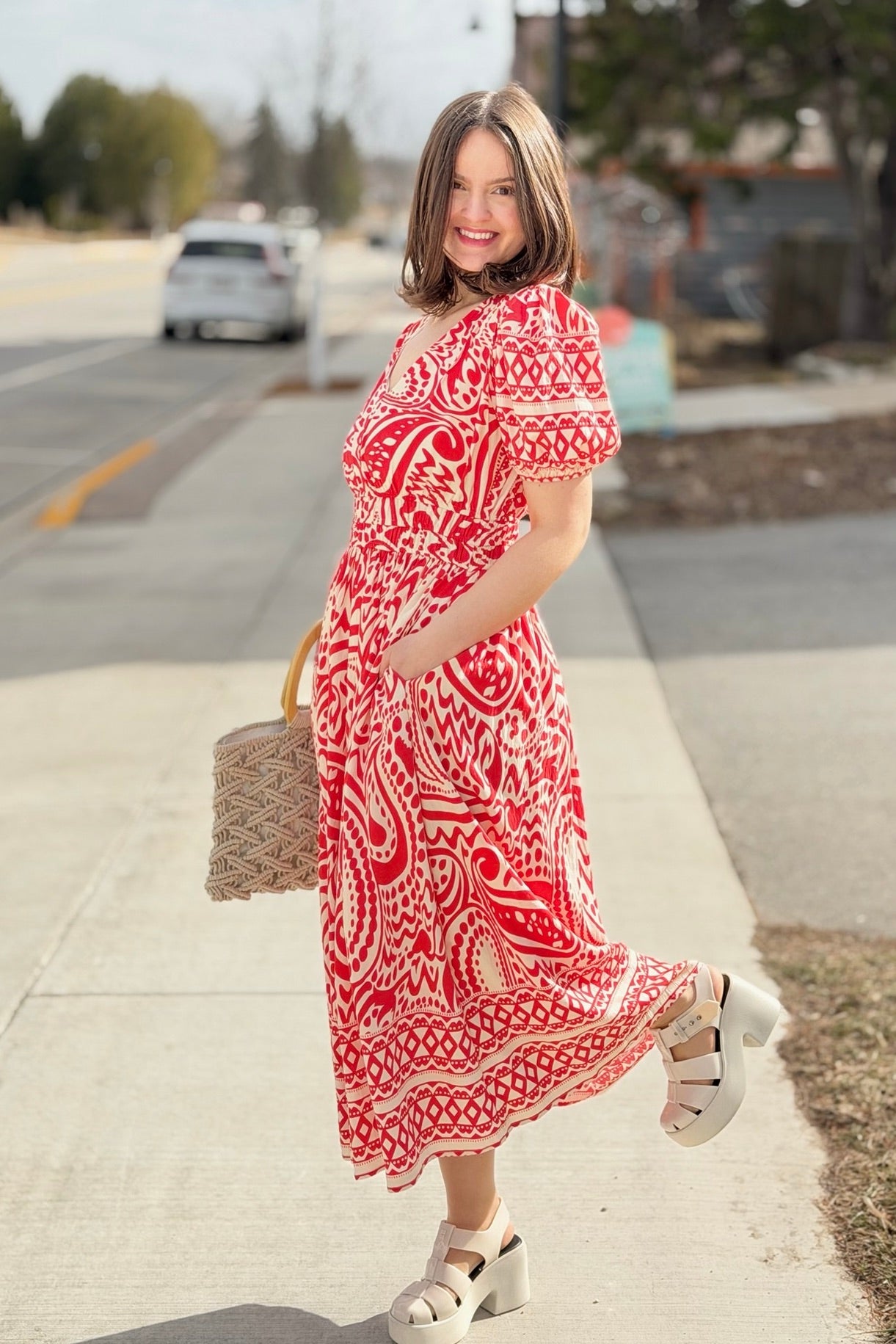 Border Print Midi Dress - Red