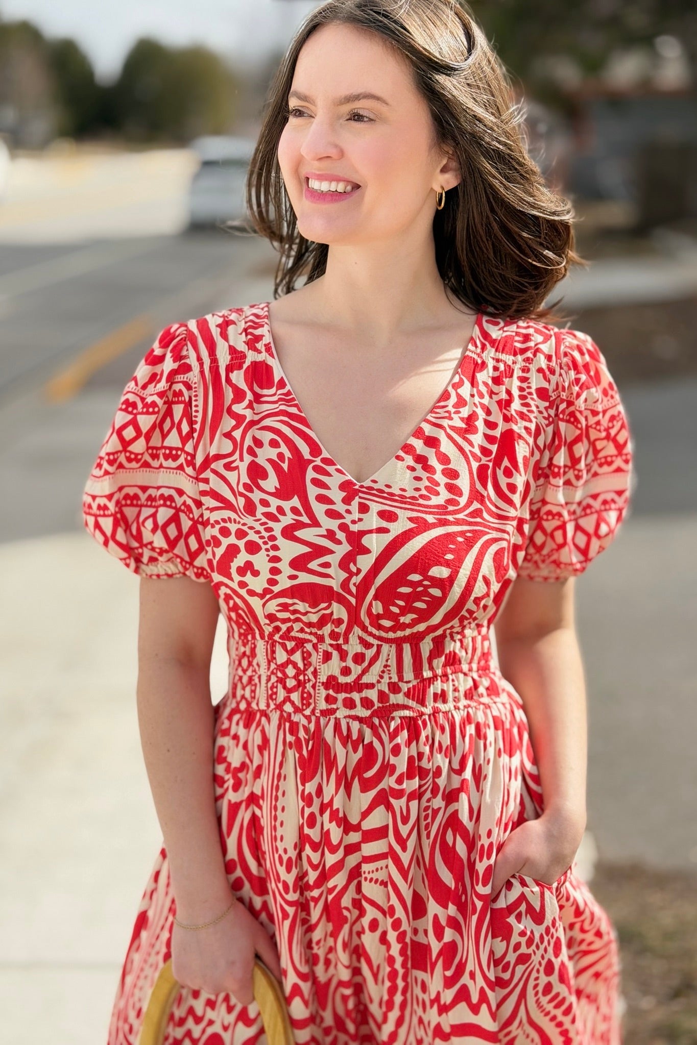 Border Print Midi Dress - Red