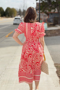Border Print Midi Dress - Red