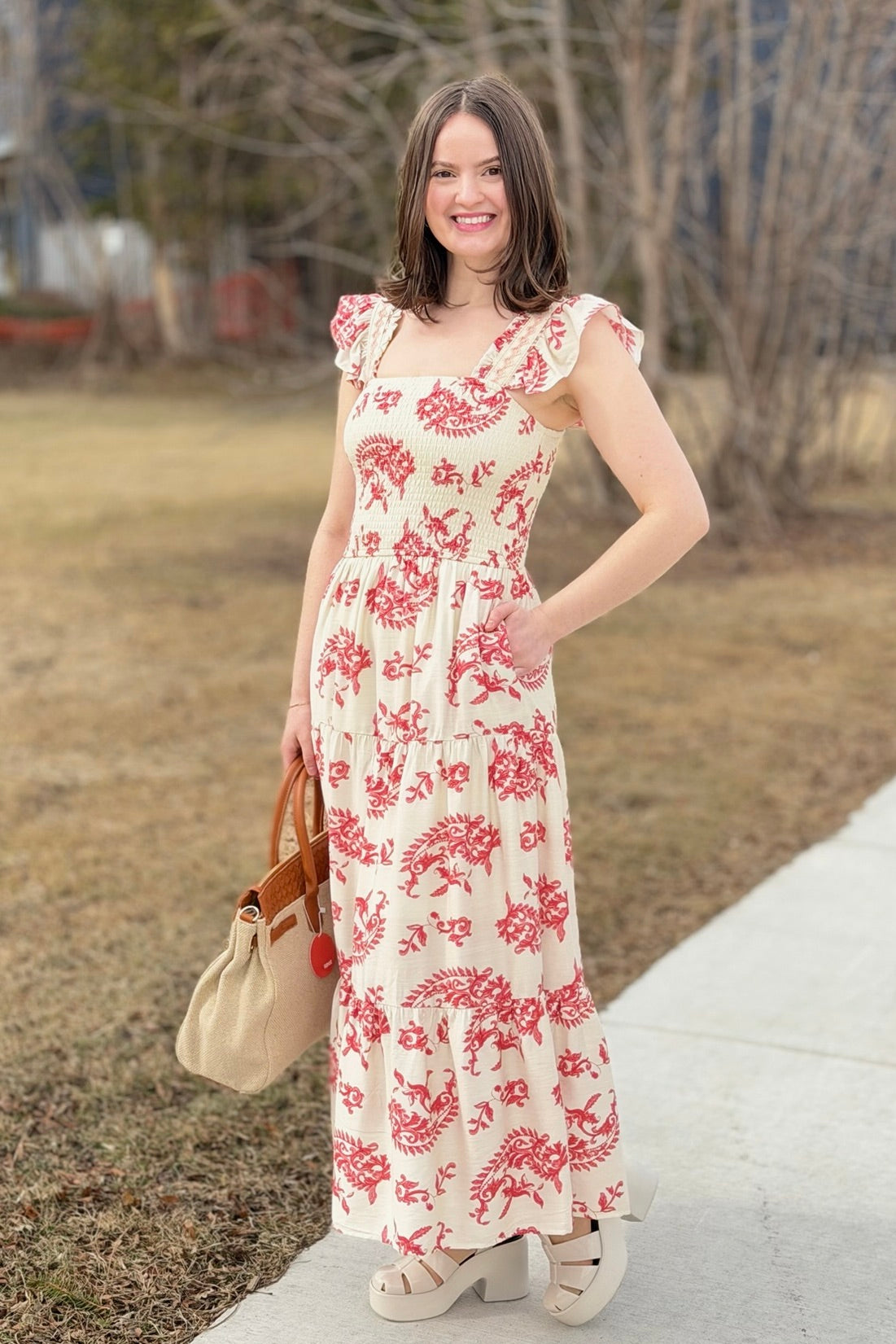 Square Neck Ruffled Sleeve Tiered Dress