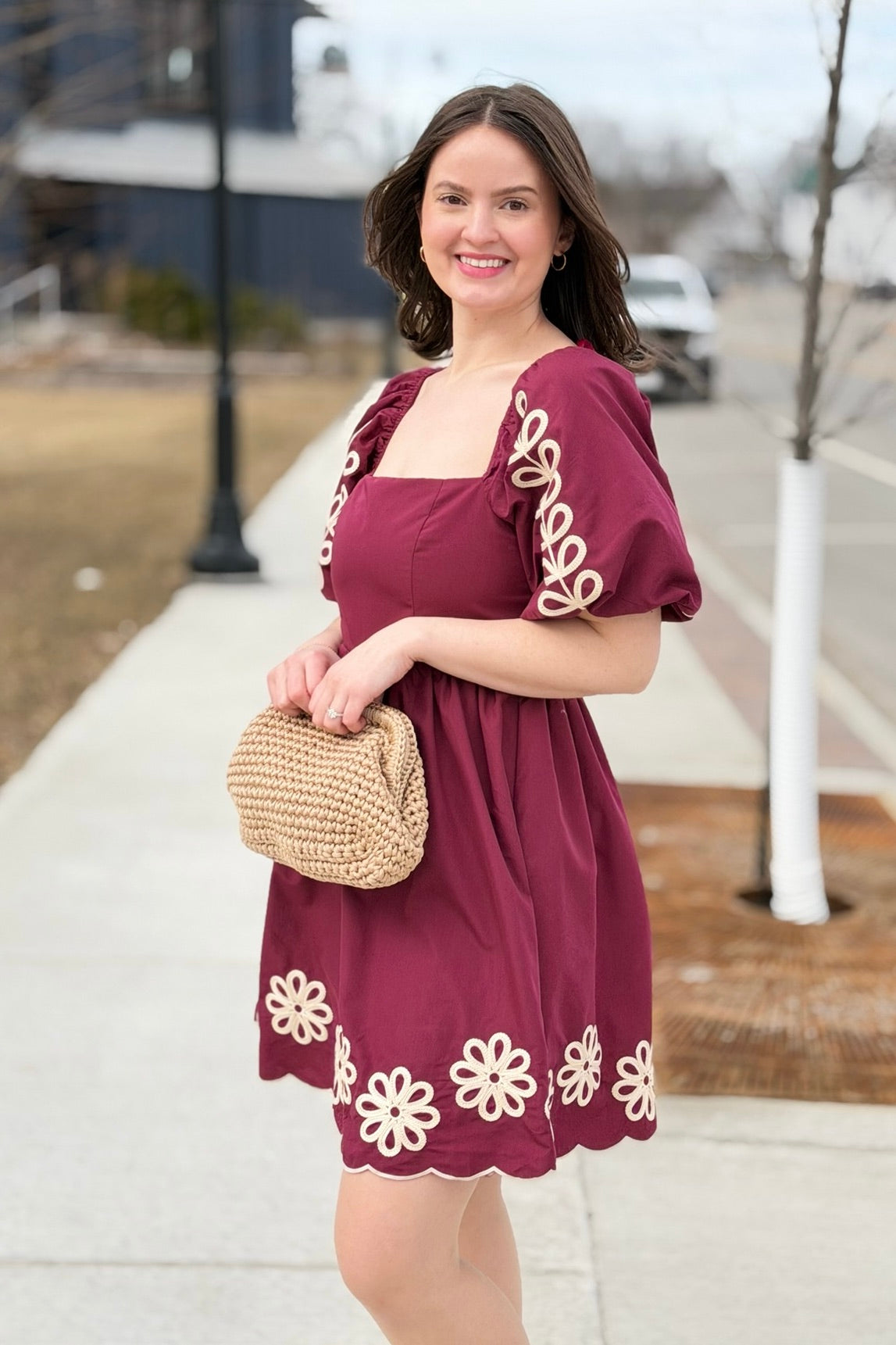 Embroidered Puff Sleeve Dress - Plum