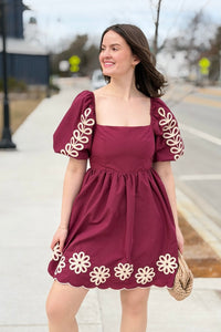 Embroidered Puff Sleeve Dress - Plum
