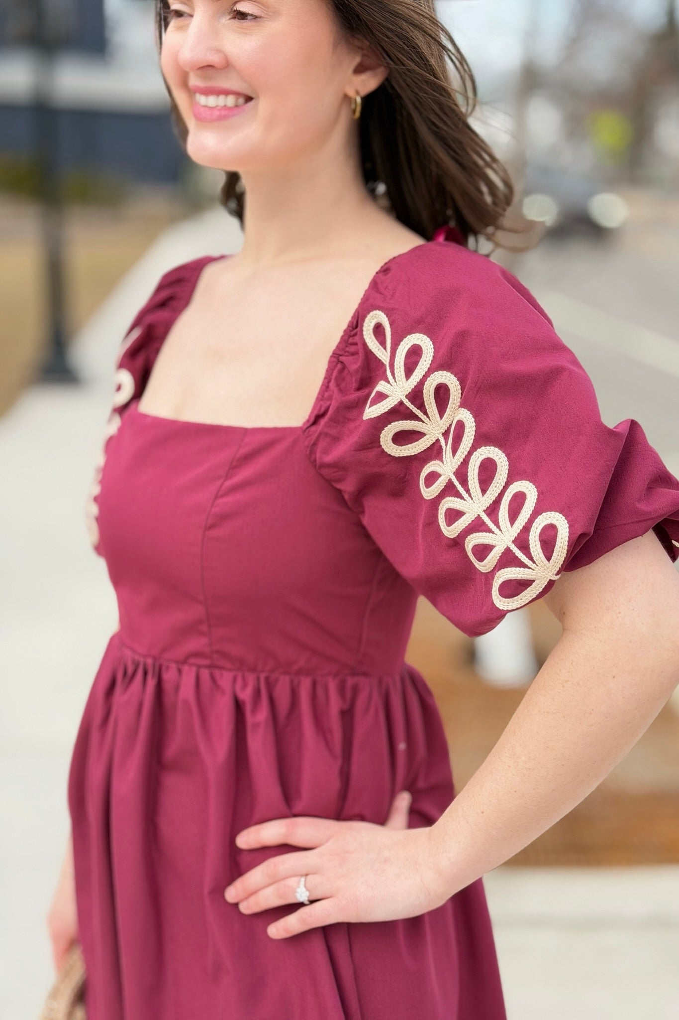 Embroidered Puff Sleeve Dress - Plum