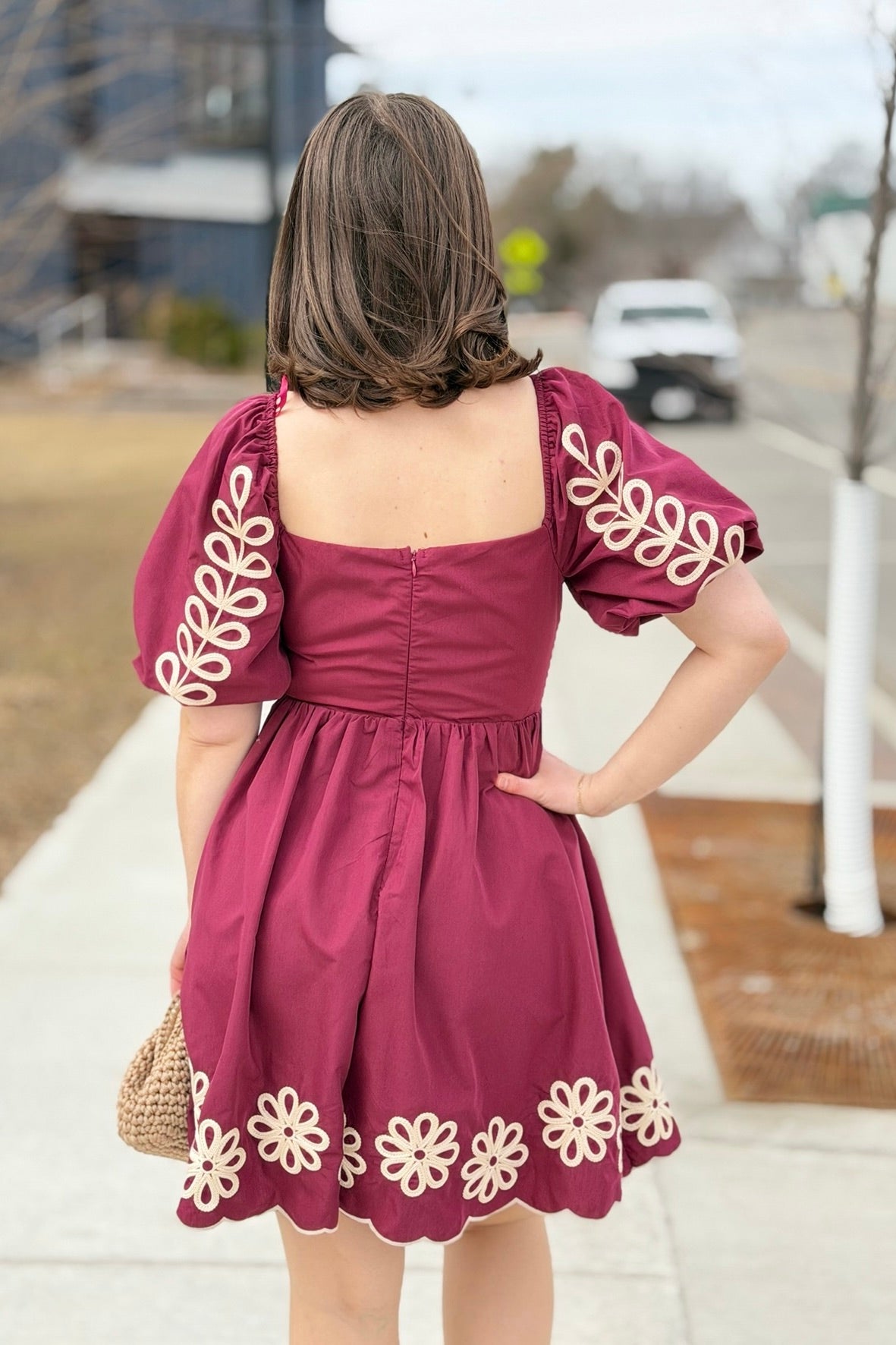 Embroidered Puff Sleeve Dress - Plum