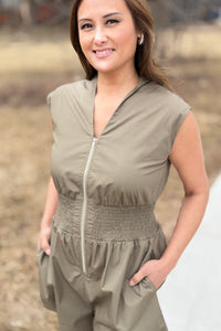 Smocked Waist Zipper Romper - Olive