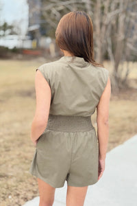 Smocked Waist Zipper Romper - Olive