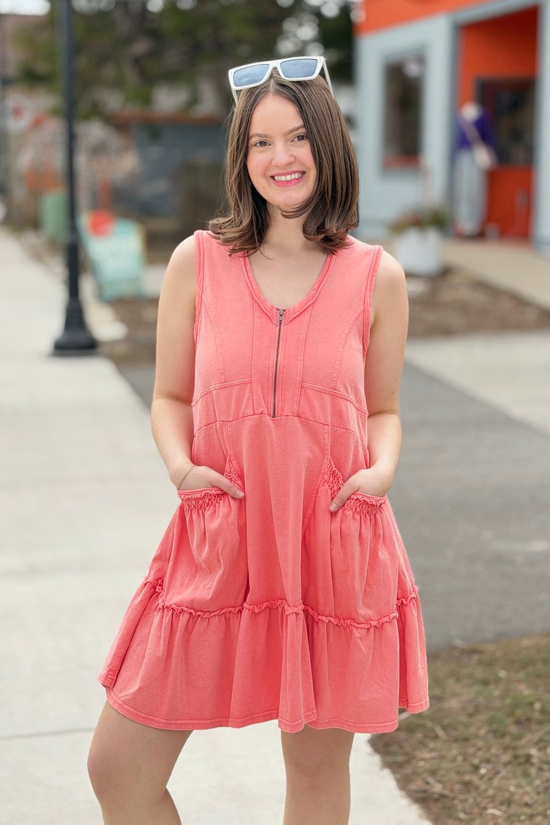 Half Zip Tiered Dress - Coral