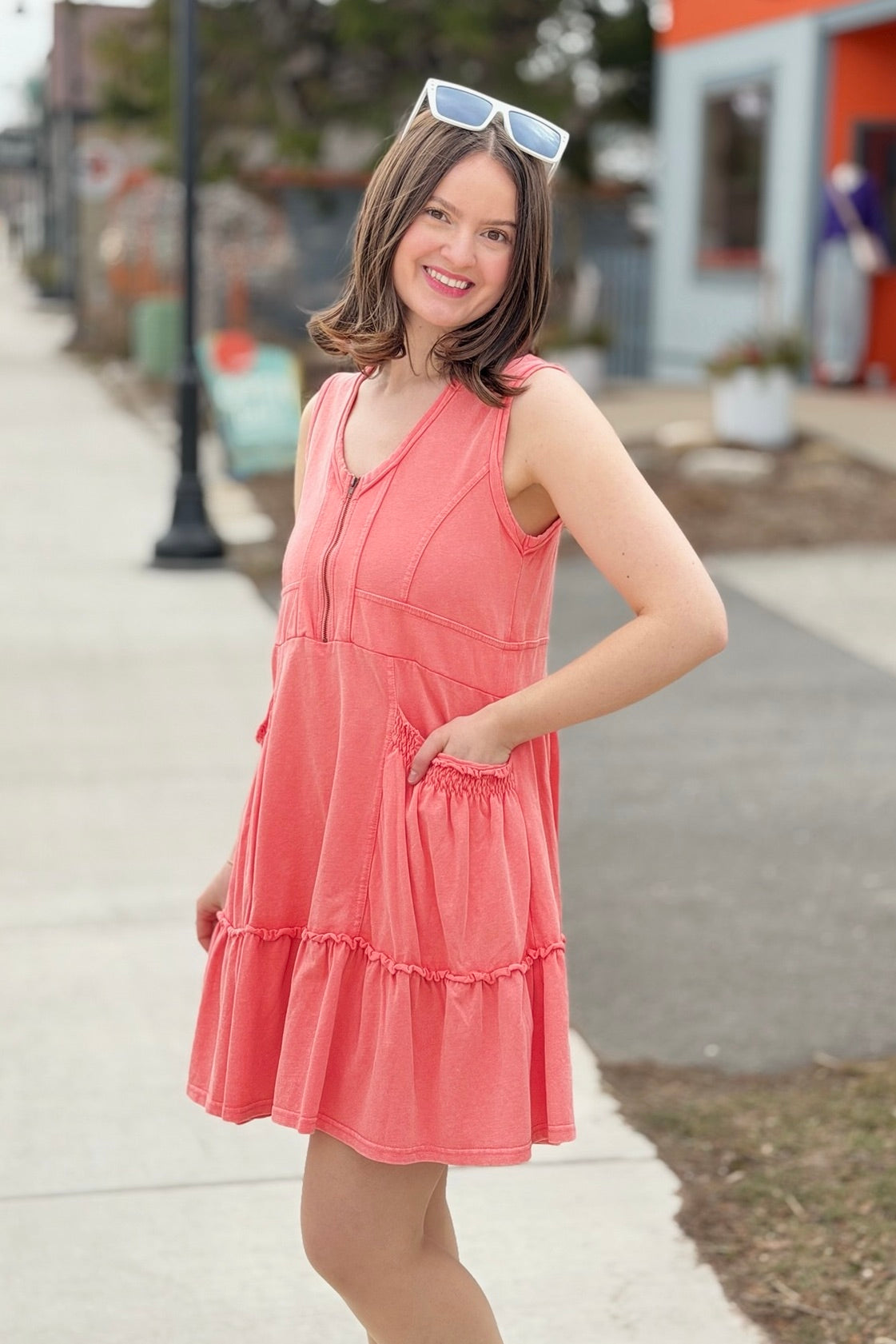 Half Zip Tiered Dress - Coral