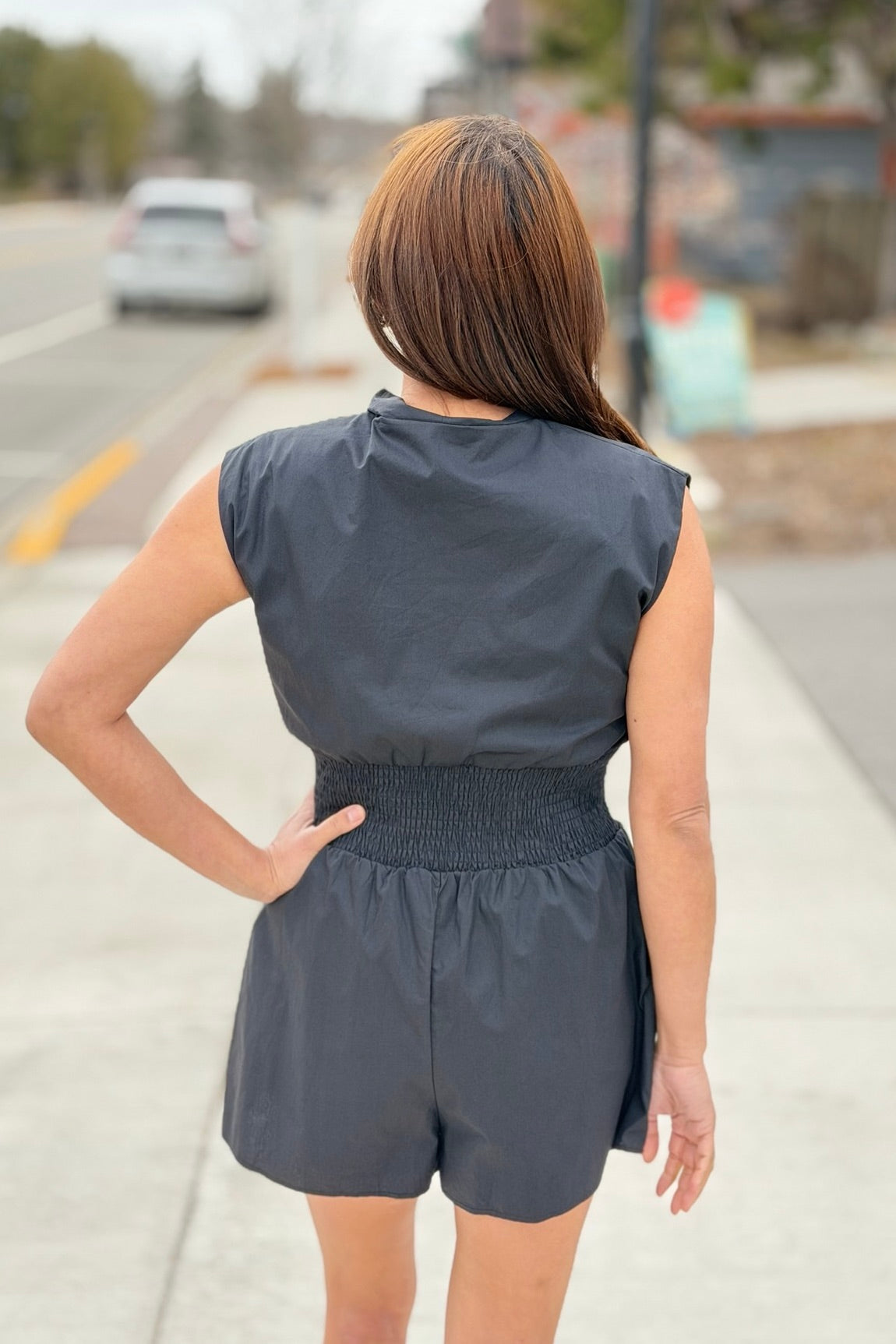 Smocked Waist Zipper Romper - Black