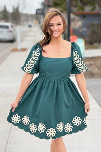 Embroidered Puff Sleeve Dress - Green