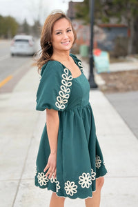 Embroidered Puff Sleeve Dress - Green