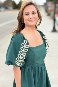 Embroidered Puff Sleeve Dress - Green