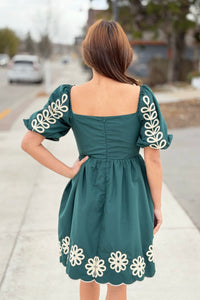 Embroidered Puff Sleeve Dress - Green