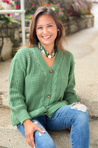 Cable Knit Button Down Cardigan - Green