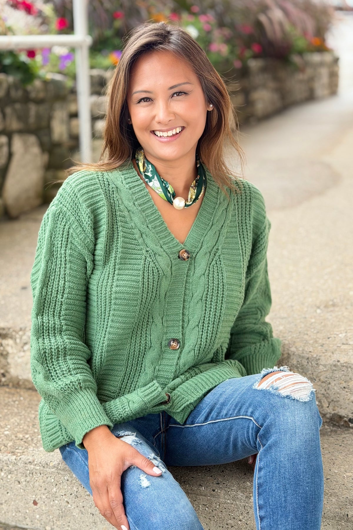 Cable Knit Button Down Cardigan - Green