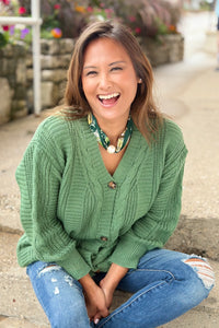 Cable Knit Button Down Cardigan - Green