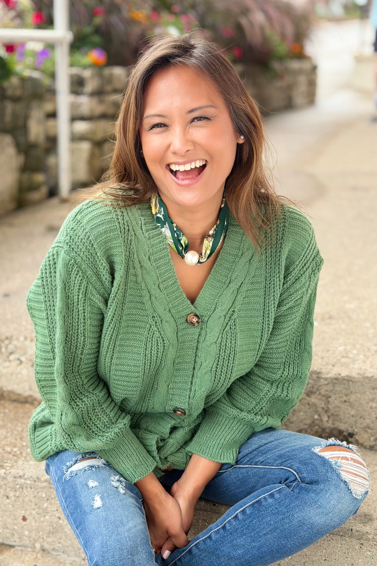 Cable Knit Button Down Cardigan - Green