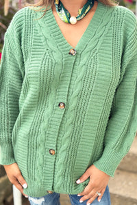 Cable Knit Button Down Cardigan - Green