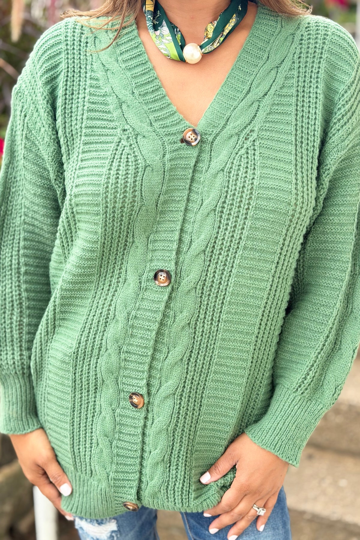 Cable Knit Button Down Cardigan - Green