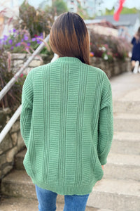 Cable Knit Button Down Cardigan - Green