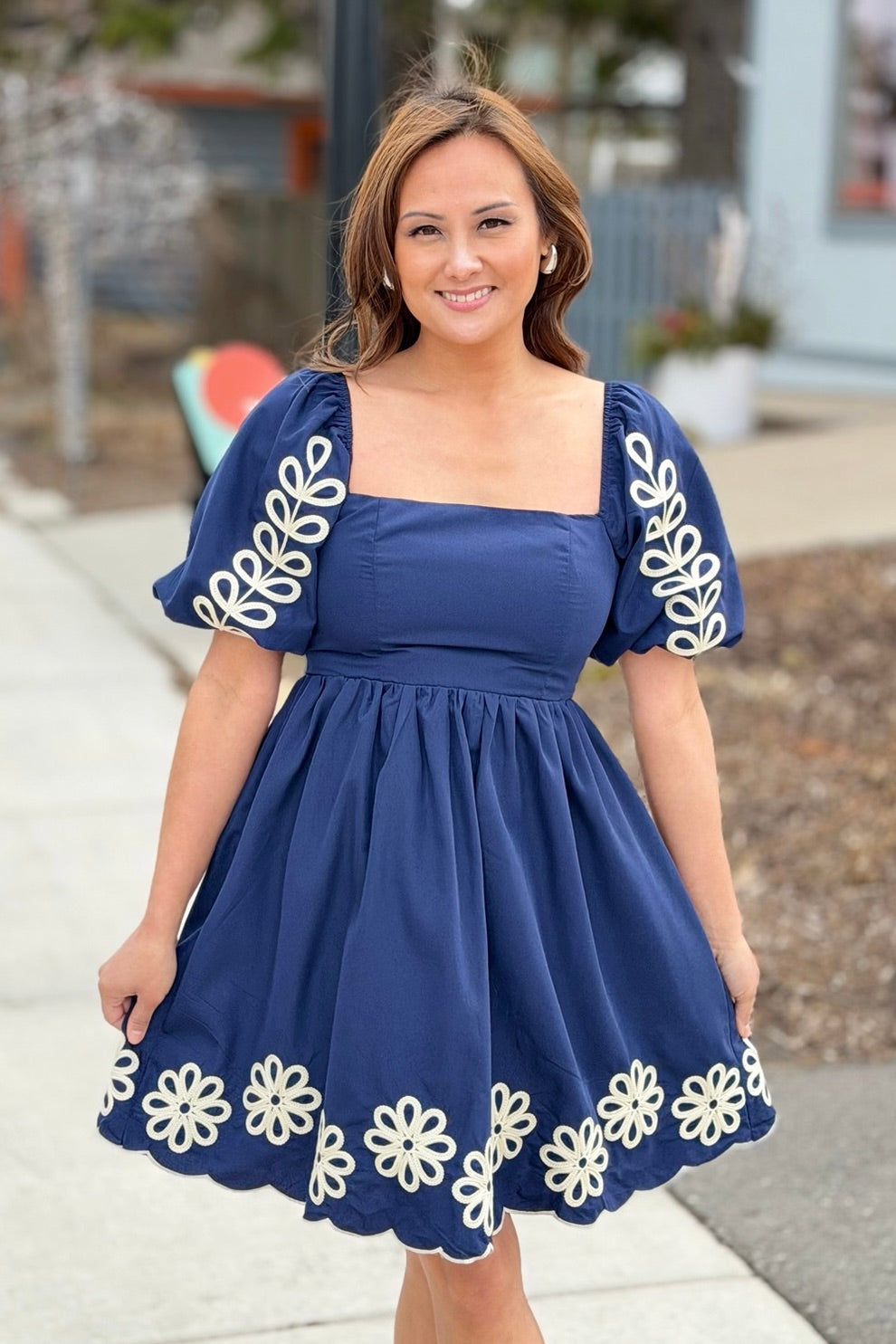 Embroidered Puff Sleeve Dress - Navy