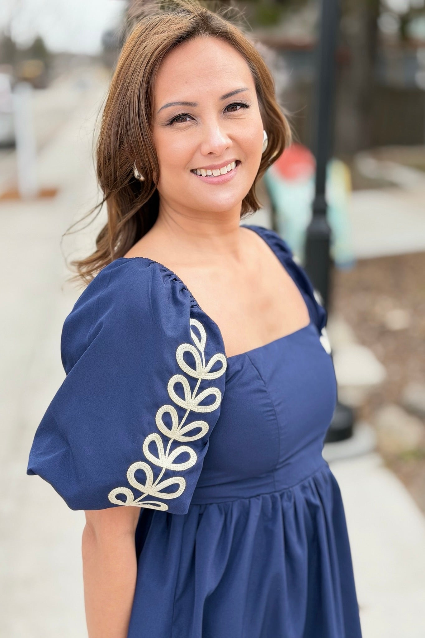 Embroidered Puff Sleeve Dress - Navy