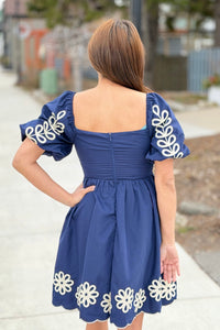 Embroidered Puff Sleeve Dress - Navy