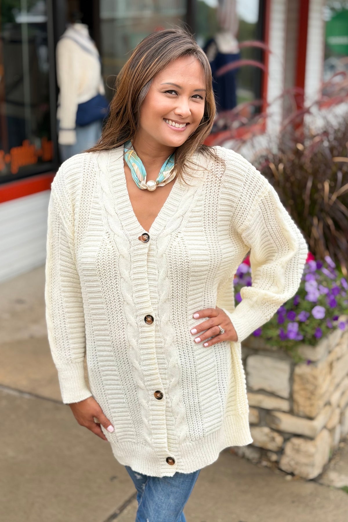 Cable Knit Button Down Cardigan - Cream
