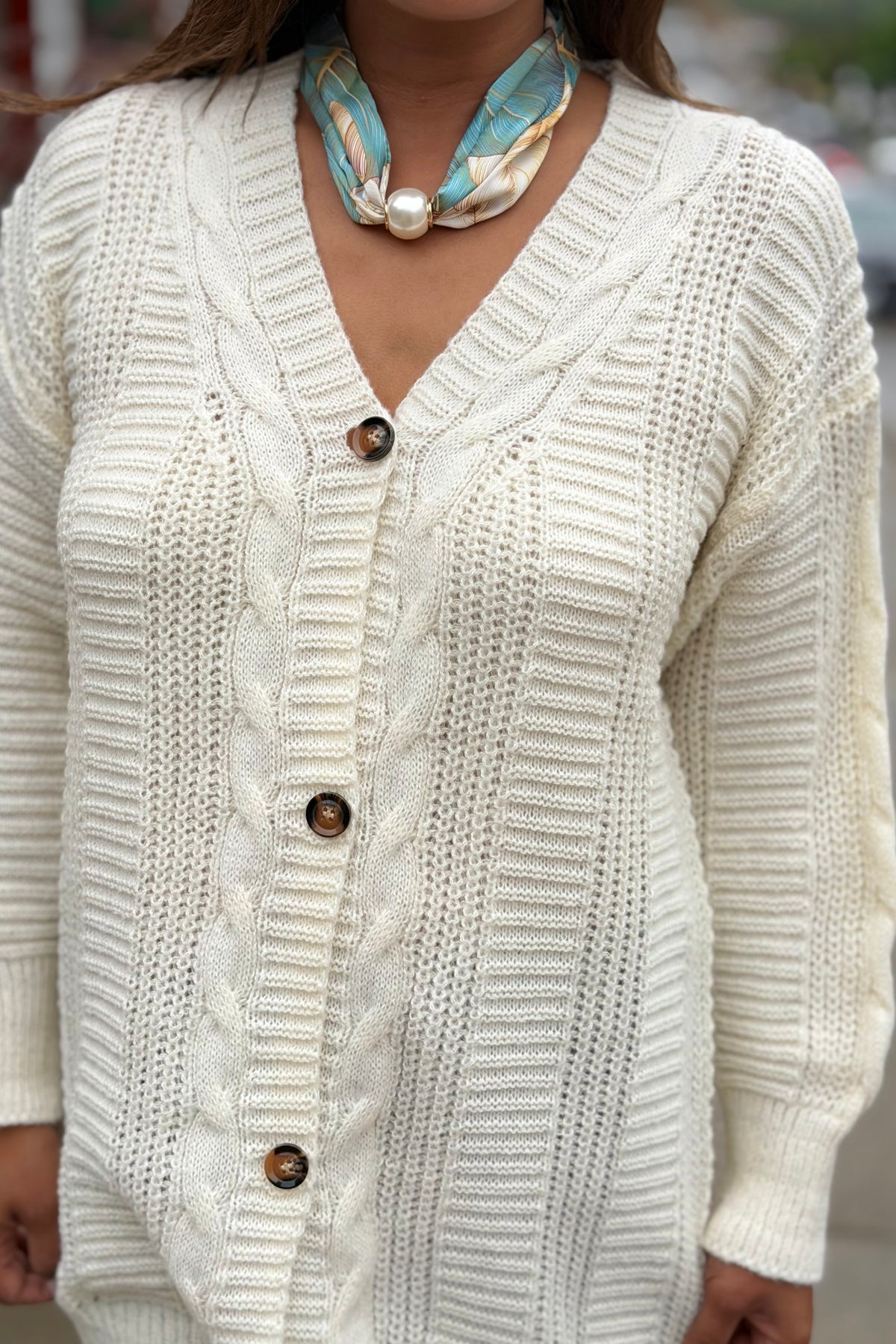 Cable Knit Button Down Cardigan - Cream