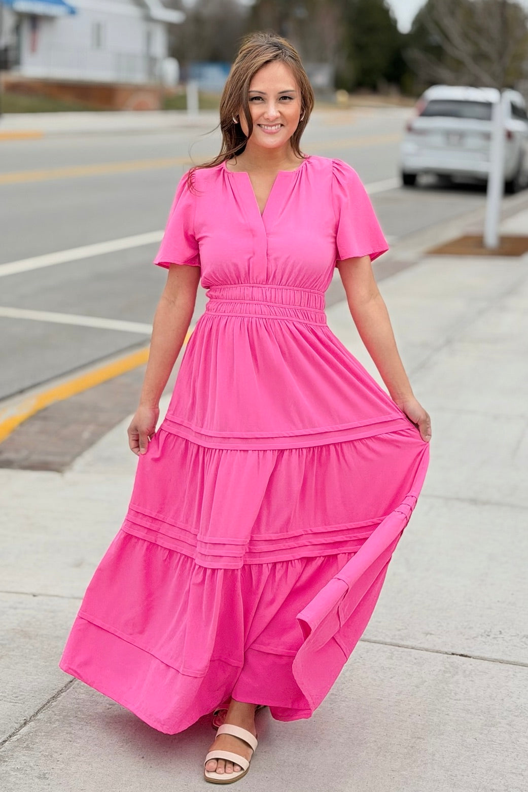 Tiered Maxi Dress With Pockets - Candy Pink