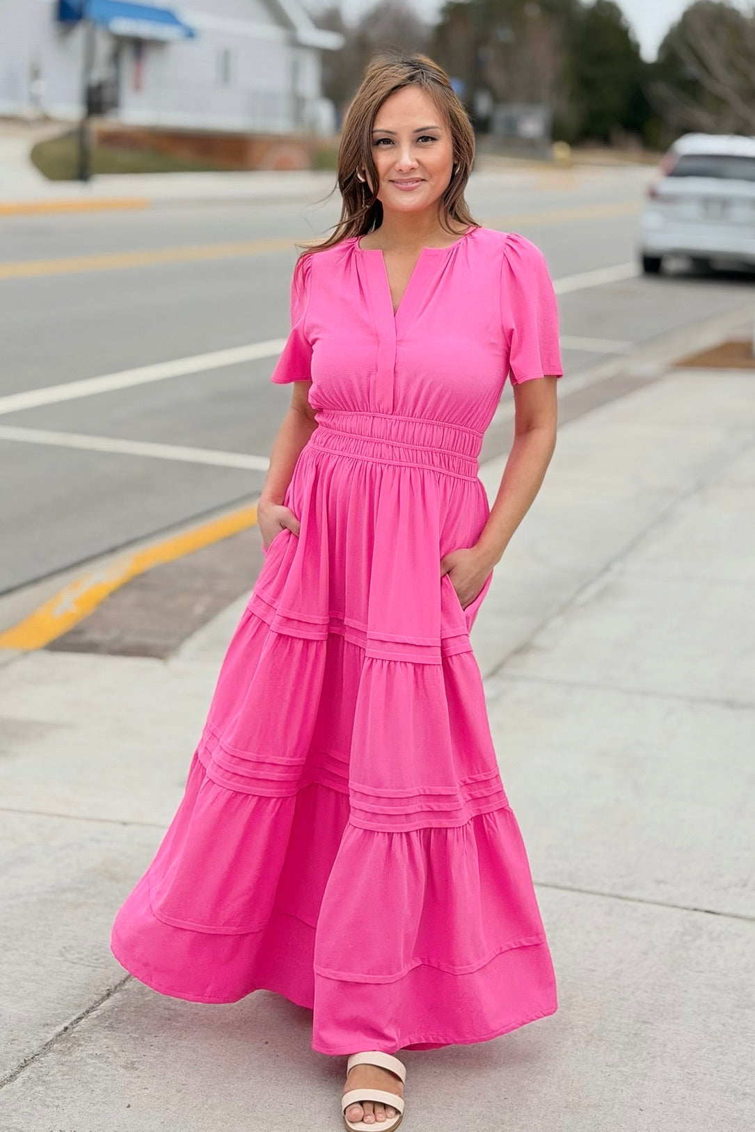 Tiered Maxi Dress With Pockets - Candy Pink