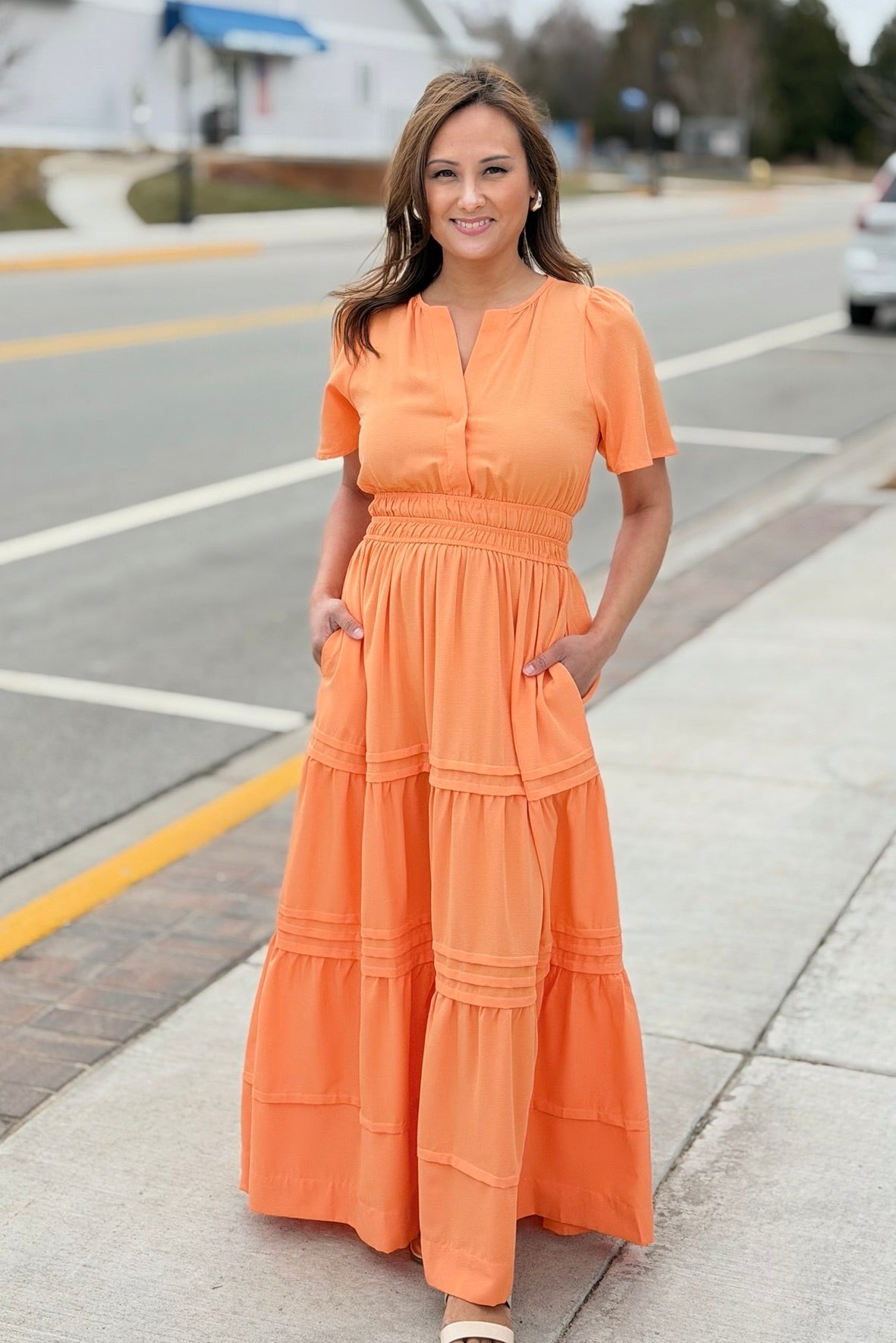 Tiered Maxi Dress With Pockets - Creamsicle