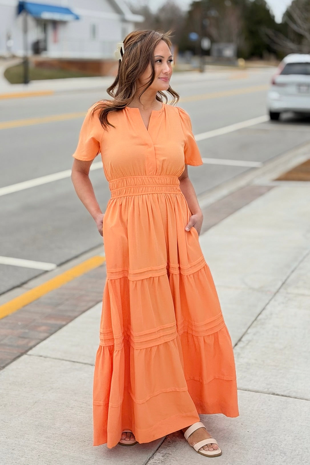 Tiered Maxi Dress With Pockets - Creamsicle