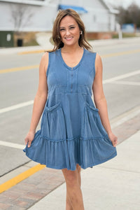 Half Zip Tiered Dress - Navy