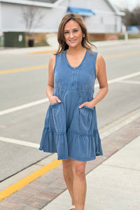 Half Zip Tiered Dress - Navy