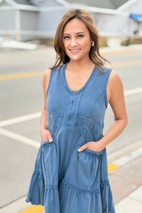 Half Zip Tiered Dress - Navy