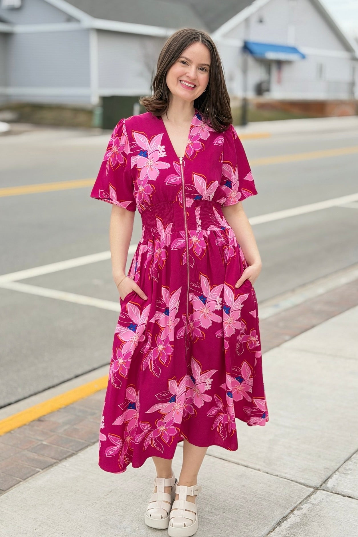 Floral Zip Front Midi Dress - Maroon
